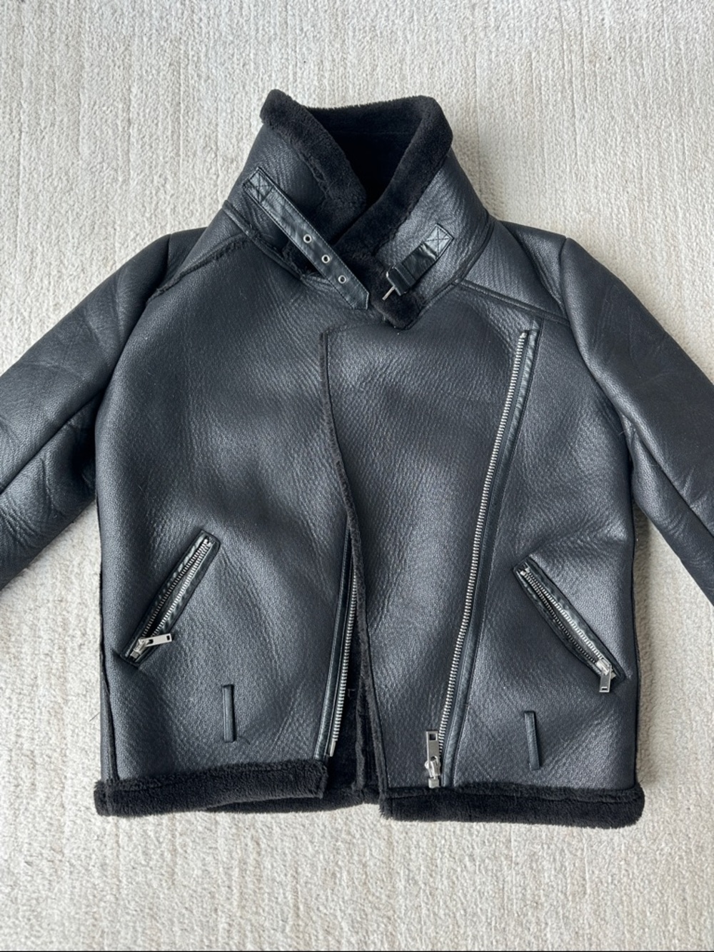 Zara Black Genuine Leather Aviator Jacket with Shearling Interior & Collar